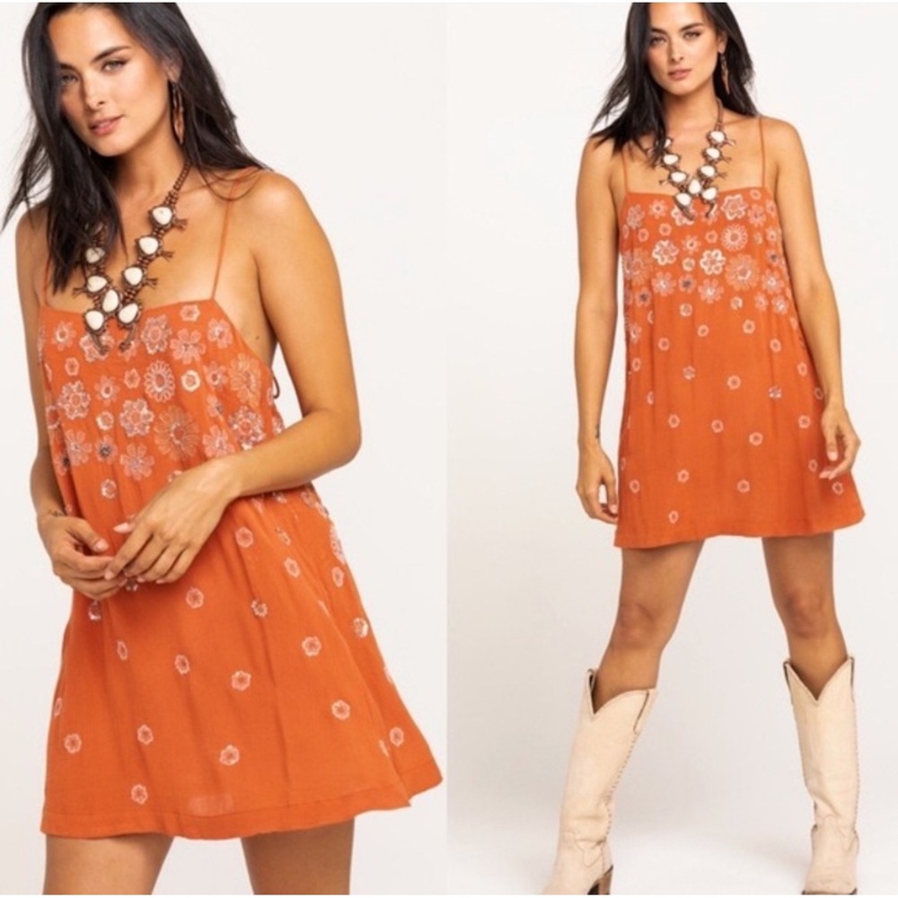 Free People Intimately Azalea Embellished Mini Slip Dress Rust color L Boho